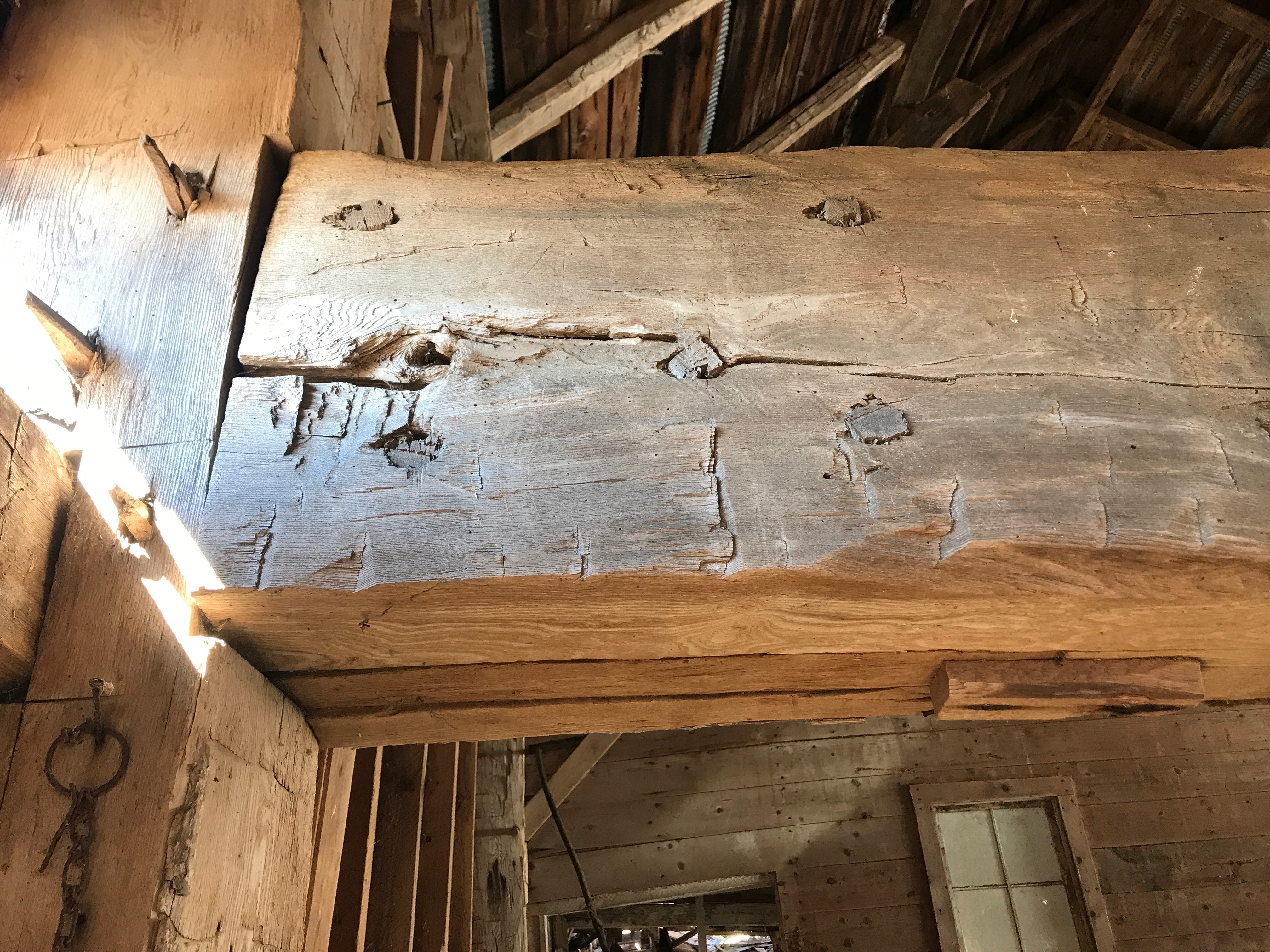 sprine repair on vintage timber frame chestnut beam | Green mountain timber frames